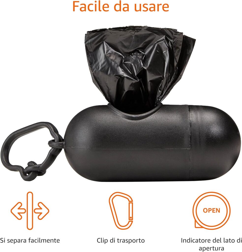 Amazon Basics Sacchetti per bisogni dei cani, con dispenser e clip per guinzaglio, 15 unità, confezione da 20