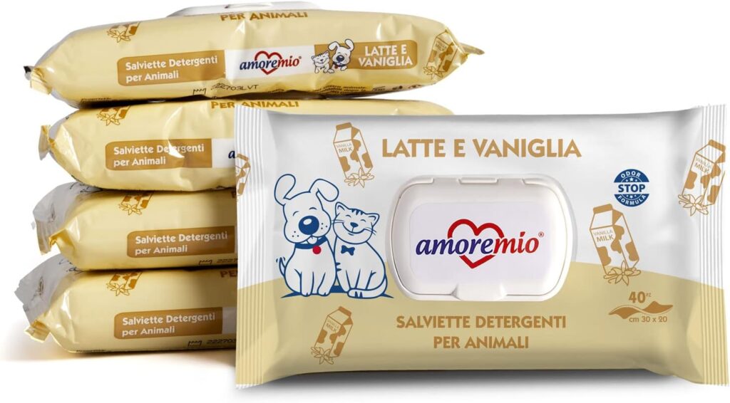 AMORE MIO Mio | 200 Salviette al Latte e Vaniglia Extra Large per Il Manto di Cani, Gatti e Animali Domestici, Disinfettanti e Igienizzanti, 30x20 cm - 5 Confezioni da 40 Salviettine