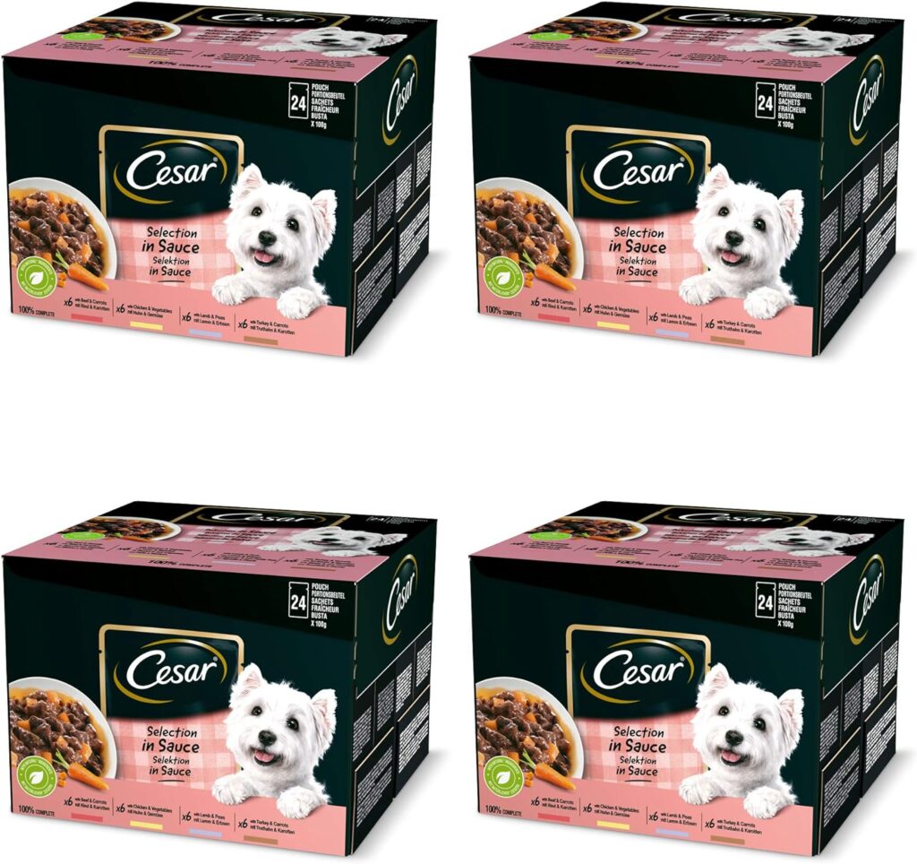 Cesar Selezione in Salsa, Cibo Umido per Cani, Gusti Assortiti con Carne e Verdure, 96 Bustine da 100 g, Totale 9.6 kg