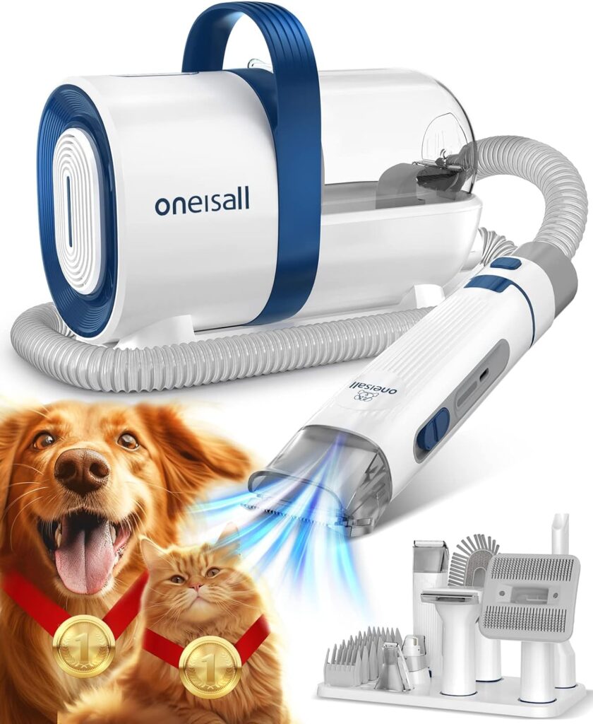 oneisall toelettatura e aspirazione a Vuoto per Animali Domestici, Tosatrice per Cani e Gatto Pelo Lungo Professionale, 7 Strumenti per la toelettatura Per la depilazione di cani e gatti (blu)