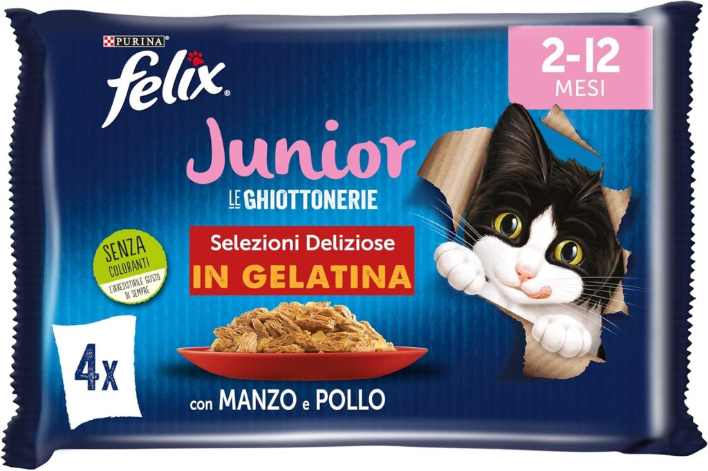 Purina Felix Le Ghiottonerie Cibo Umido per Gatti Junior con Manzo e Pollo, 48 buste da 85g