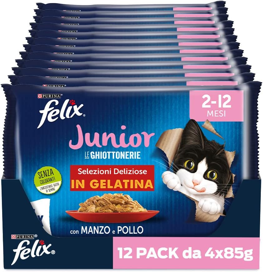 Purina Felix Le Ghiottonerie Cibo Umido per Gatti Junior con Manzo e Pollo, 48 buste da 85g