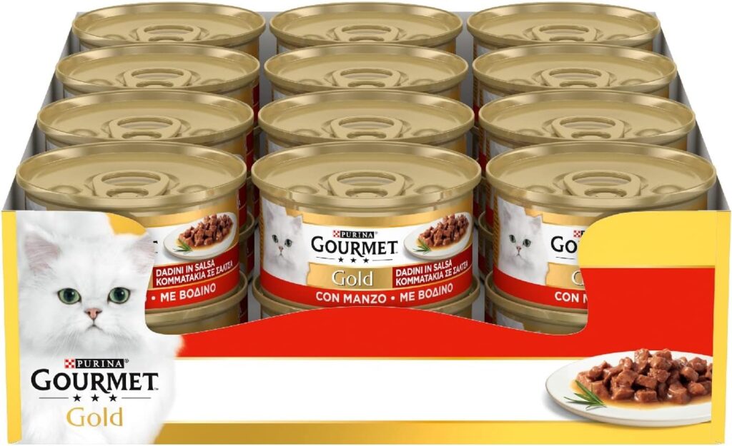 Purina Gourmet Gold Dadini in Salsa Cibo Umido per Gatti con Manzo, 24 Lattine da 85g