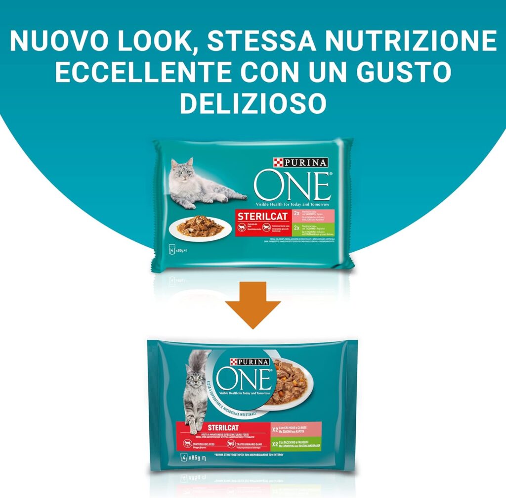 PURINA ONE Sterilcat Filettini in Salsa Cibo per Gatti Sterilizzati Salmone e Tacchino, 48 buste da 85g