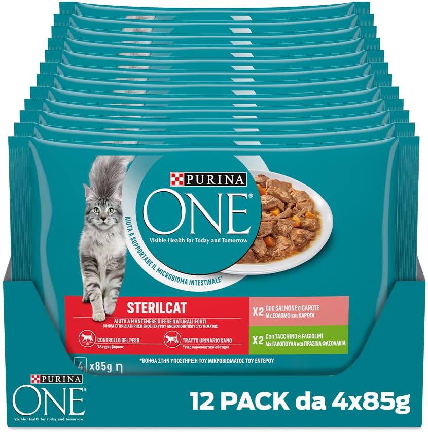 PURINA ONE Sterilcat Filettini in Salsa Cibo per Gatti Sterilizzati Salmone e Tacchino, 48 buste da 85g