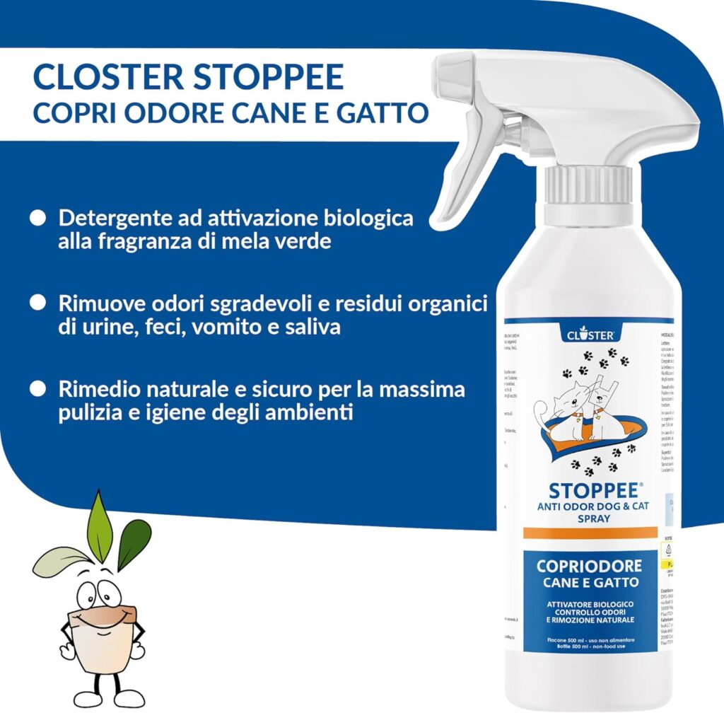 STOPPEE Elimina Odori e Scioglie Urina Feci di Cani e Gatti - Igienizzante Spray Pulizia Lettiera, Divani, Sedile Auto - Antiodore Enzimatico al Profumo di Mela Verde 500 ML + Ricarica 500 ML